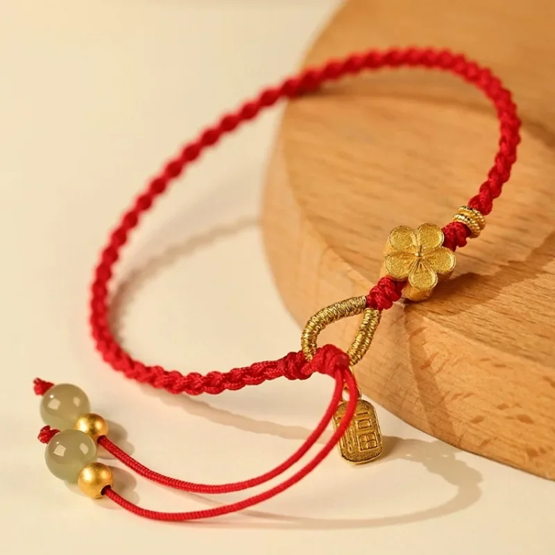 Chinese Style Hand-Woven Red Rope Bracelets for Women 2026 Peach Blossom Charms Jewelry Girls Gifts
