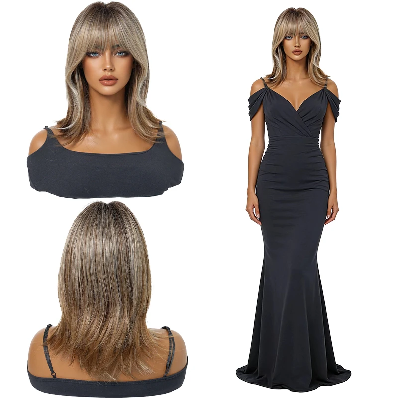 Ash Brown Ombre Wig with Bangs Layered Shoulder Length Natural Looking Heat Resistant Synthetic Wig for Women Daily Wear