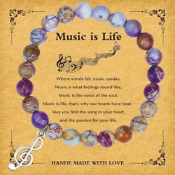 Handmade Natural Stone Beads Music Charms Women Bracelet With Blessing Card,Gift For Music Teacher Singer Friendship Jewelry﻿