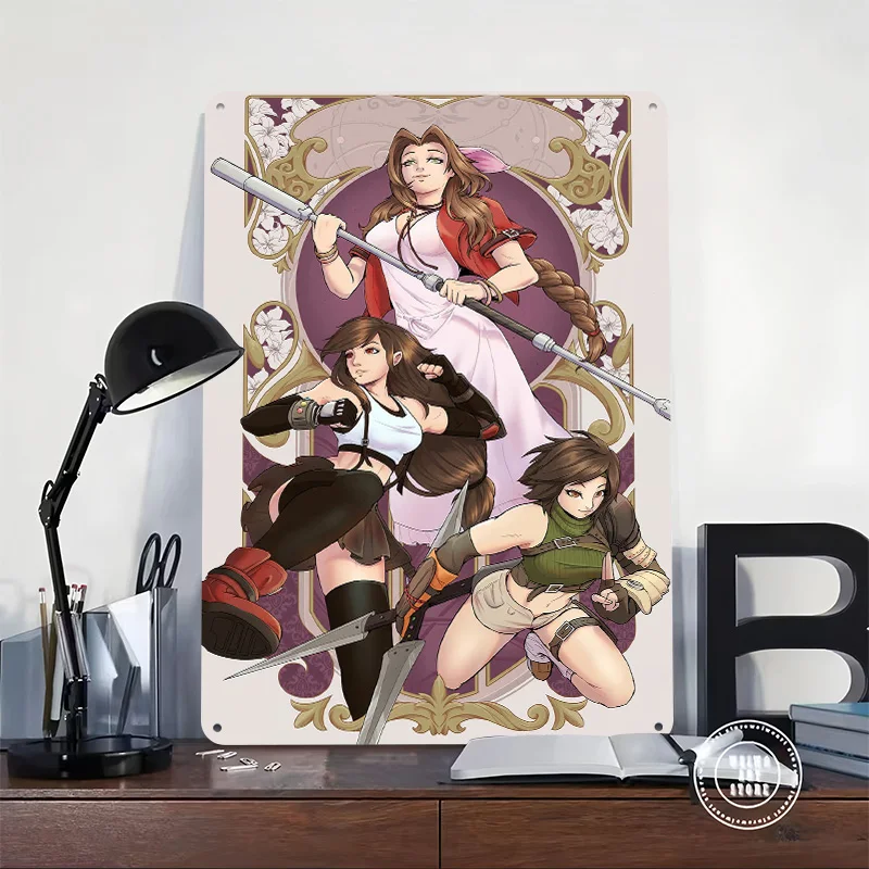 Final Fantasy VII Heroines Artwork Personalized 3D Textured Metal Poster Wall Art Tinplate Sign for Bedroom Decorations Room Tin
