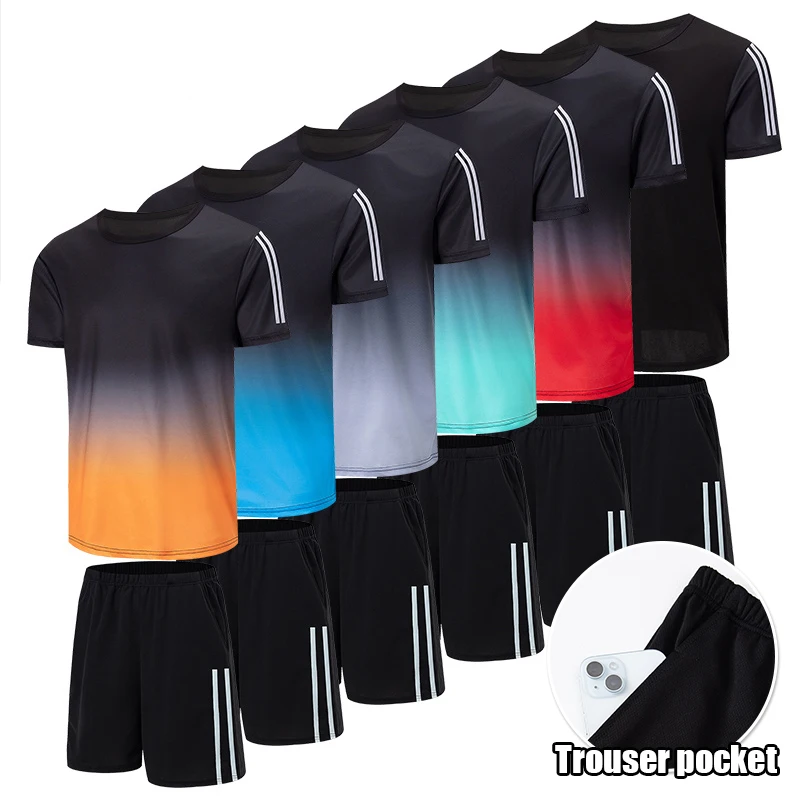 Traje deportivo de secado rápido para hombre, camiseta holgada y cómoda de manga corta con cuello redondo, pantalón corto versátil con bolsillo para correr, 2 uds.