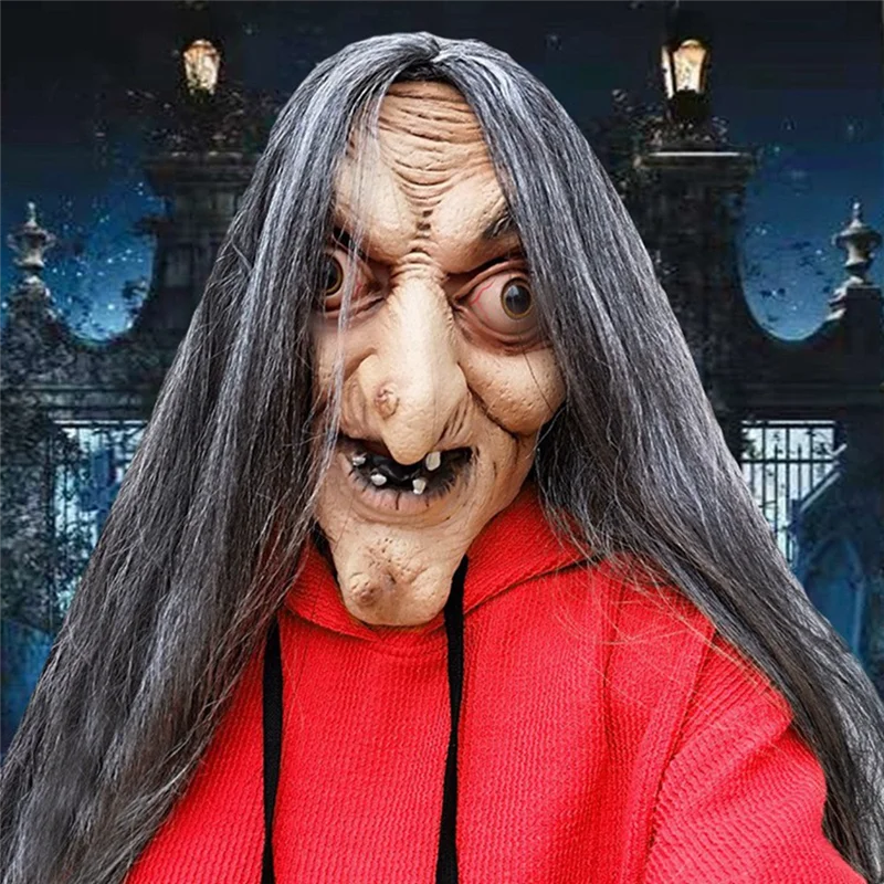 Straszna stara czarownica maska lateksowa z włosami Halloween grymas kostium Cosplay maski rekwizyty