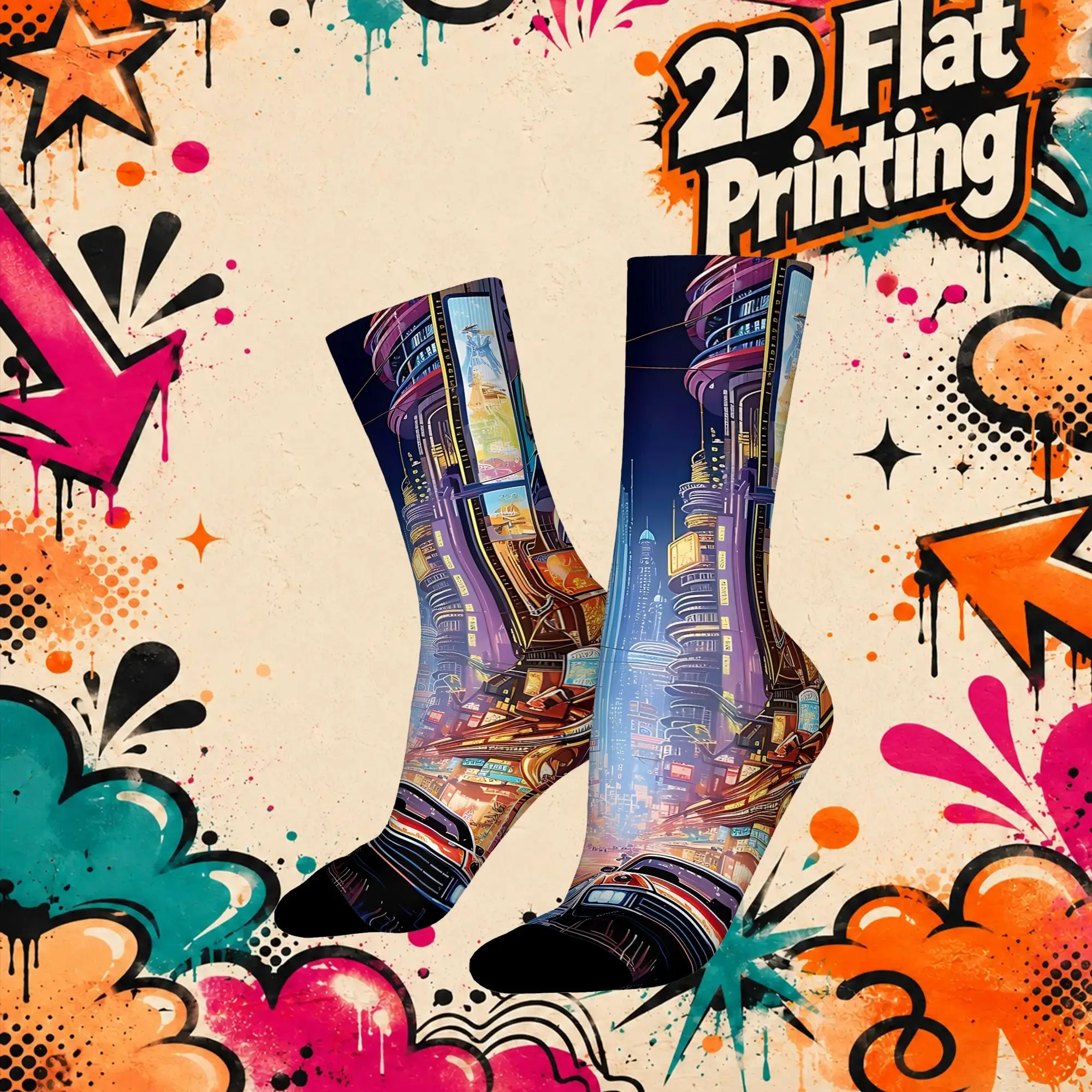 Fashion Retro Metropolis Bright Light Print Crazy Men's compression Socks Unisex  Funny Crew Sock