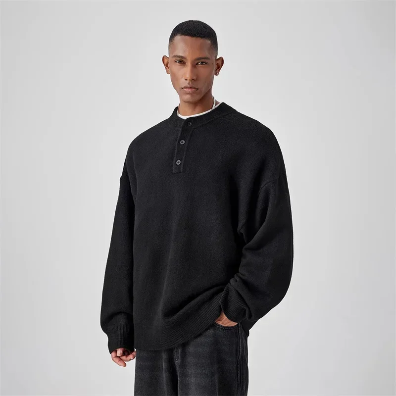 

New Half-Button Thickened Sweaters For Men Spring Long Sleeve O-Neck Knitwear Pullovers Solid Color Y2K Vintage Knitted Jumpers