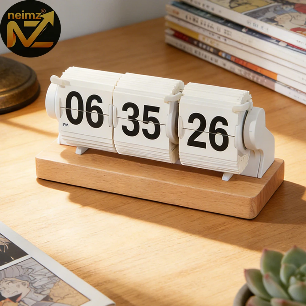 Wooden Flip Clock with Seconds Display Automatic Page Turning Timer Home Decorative Item Full of Technological Sense for Gift