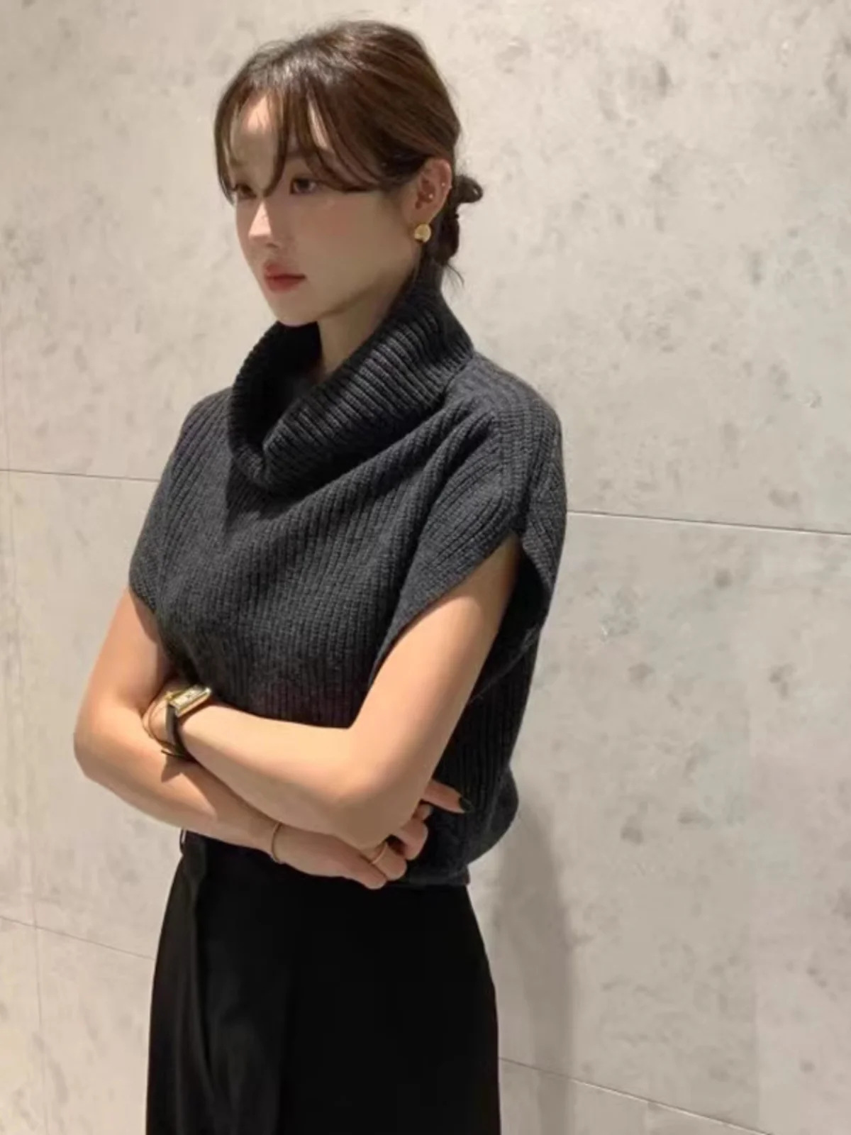 

ort Sve High Collar Knitwear Women's Faionable Layering Small Design Trendy Cardigan Korean Sle Loose Fit Pure Color