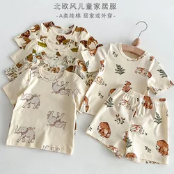 2024 Summer Korean Nordic Style 0-5Y Kids Pajama Set Cotton Animal Print Pure Cotton Baby Girl Boy Sleeping Suit Casual Loose