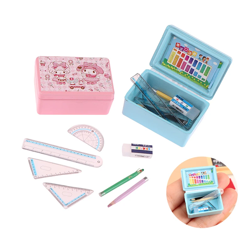 

1Set 1:12 Dollhouse Miniature Stationery Pencil Case Pen Ruler Eraser Stationery Box Doll House Accessories Kid Pretend Play Toy