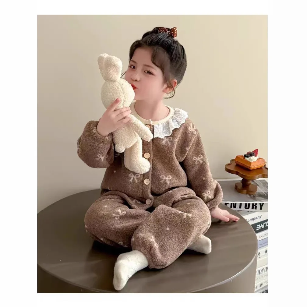 ZOETOPKID Kids Winter Soft Suits Girls Home Bow Print Top+Pants 2Pc Outfits Children Daily Fleece Thick Thermal Clothes Sets
