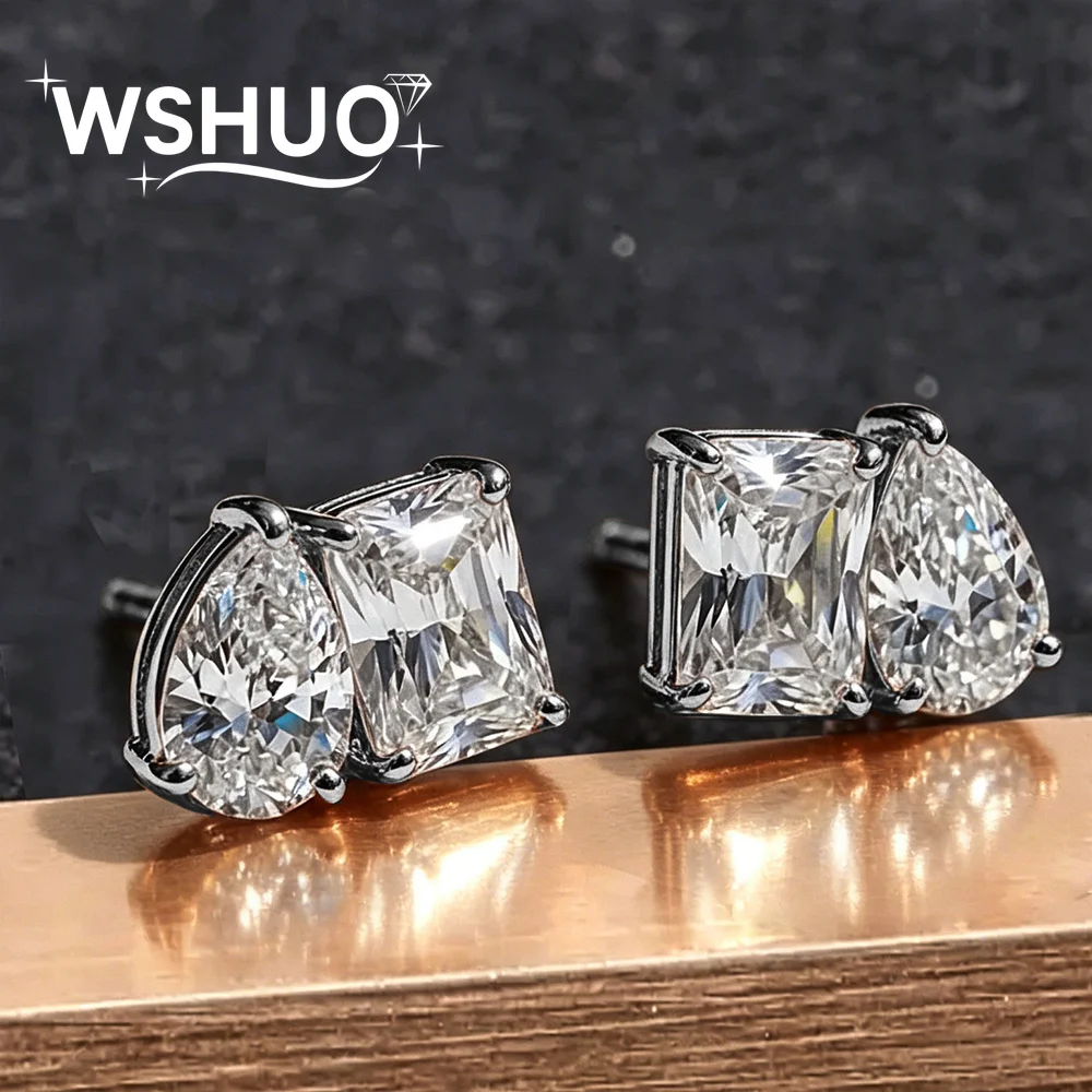 2-Stone Radiant/Pear Cut Moissanite Stud Earring with GRA S925 Silver 4cttw D Color VVS1 Lab Diamond Ear Studs Jewelry for Women