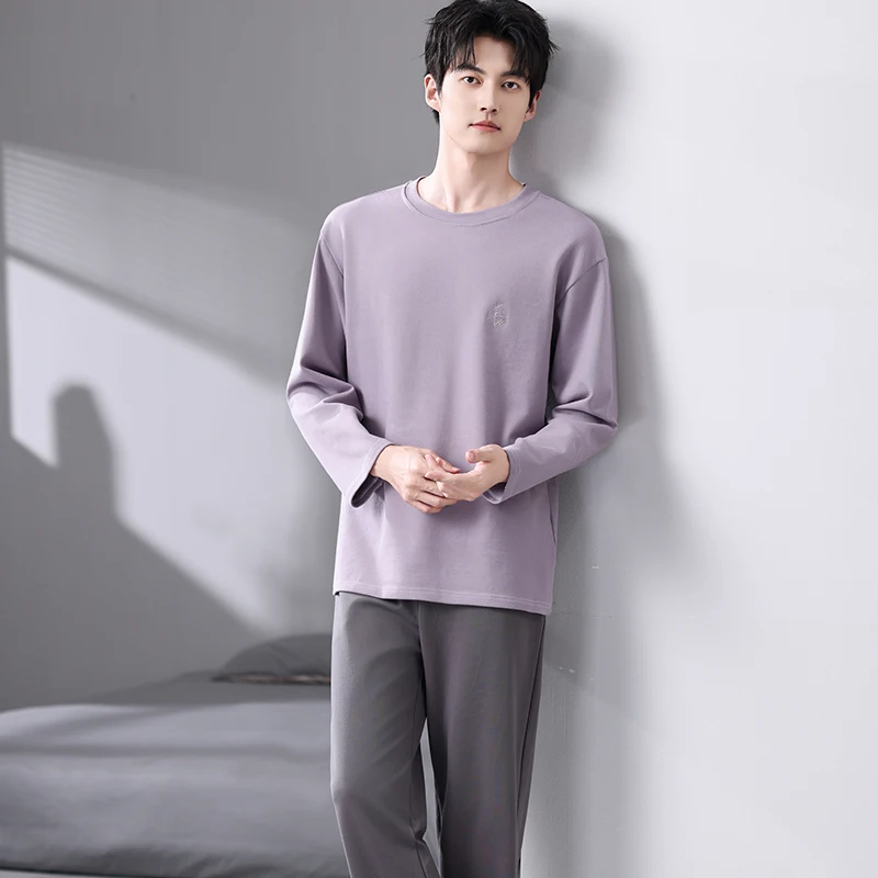 

Мужской пуловер, пижамный комплект из чистого хлопка, мужские весенне-осенние пижамы с длинными рукавами, свободный мужской домашний комплект, однотонная одежда для сна, топы + брюки