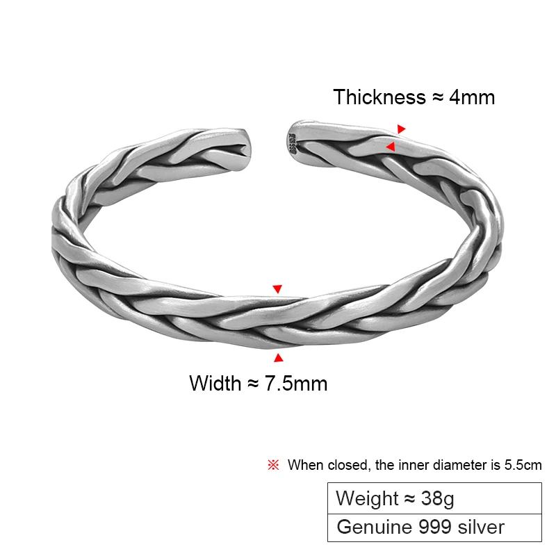 ZABRA 999 Vintage Matte Distressed Woven Sterling Silver Open End Bracelet, Trendy for Men