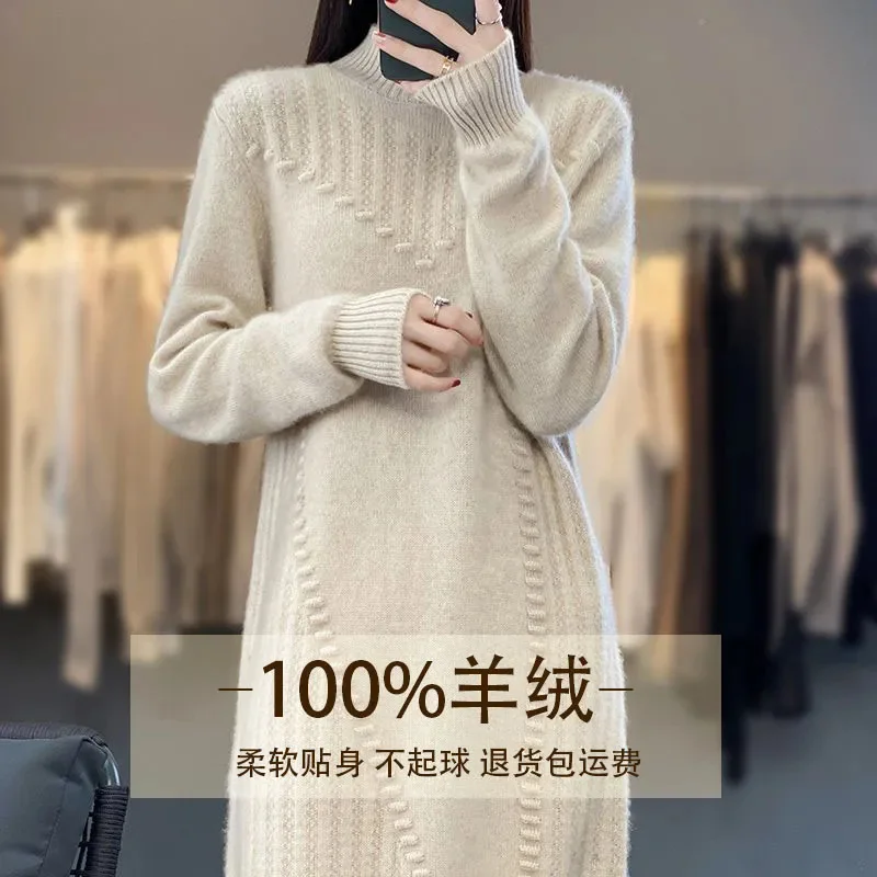 Erdos City Produces Medium To Long 100% Cashmere Sweater Dress, Half High Neck Loose Knit Wool Sweater For Women A-line Skirt