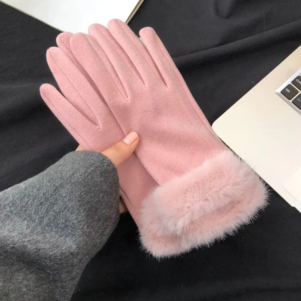 

Fashion Solid Color Suede Gloves Touch Screen Windproof Cycling Mittens Thicked Warm Full Fingers Mittens Autumn/Winter