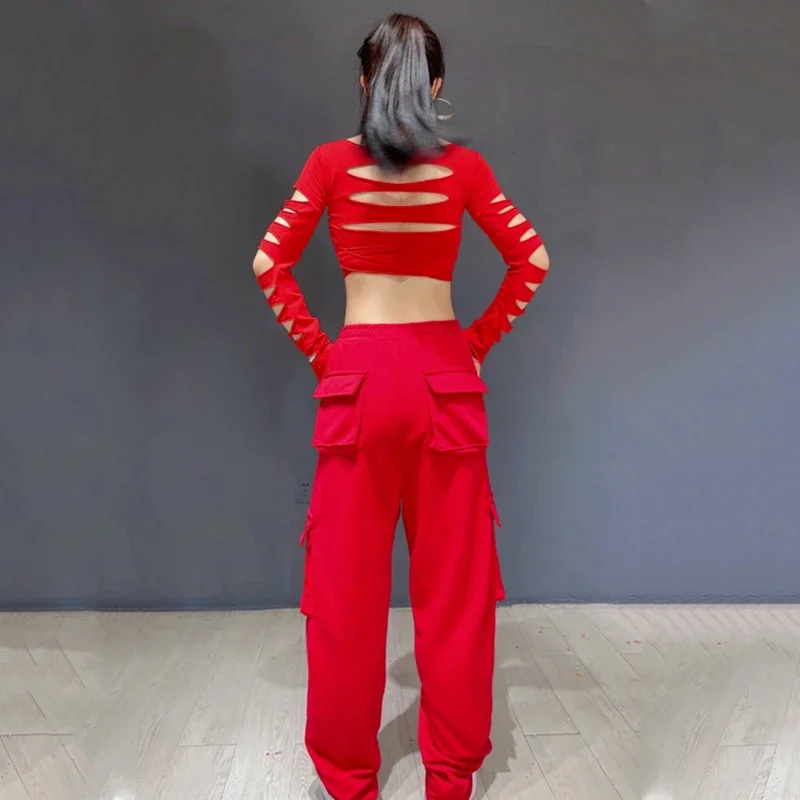 Traje de dança de hip hop feminino recorte vermelho superior calças de carga senhoras roupas de dança jazz palco rave outfit rua dancewear xs6504