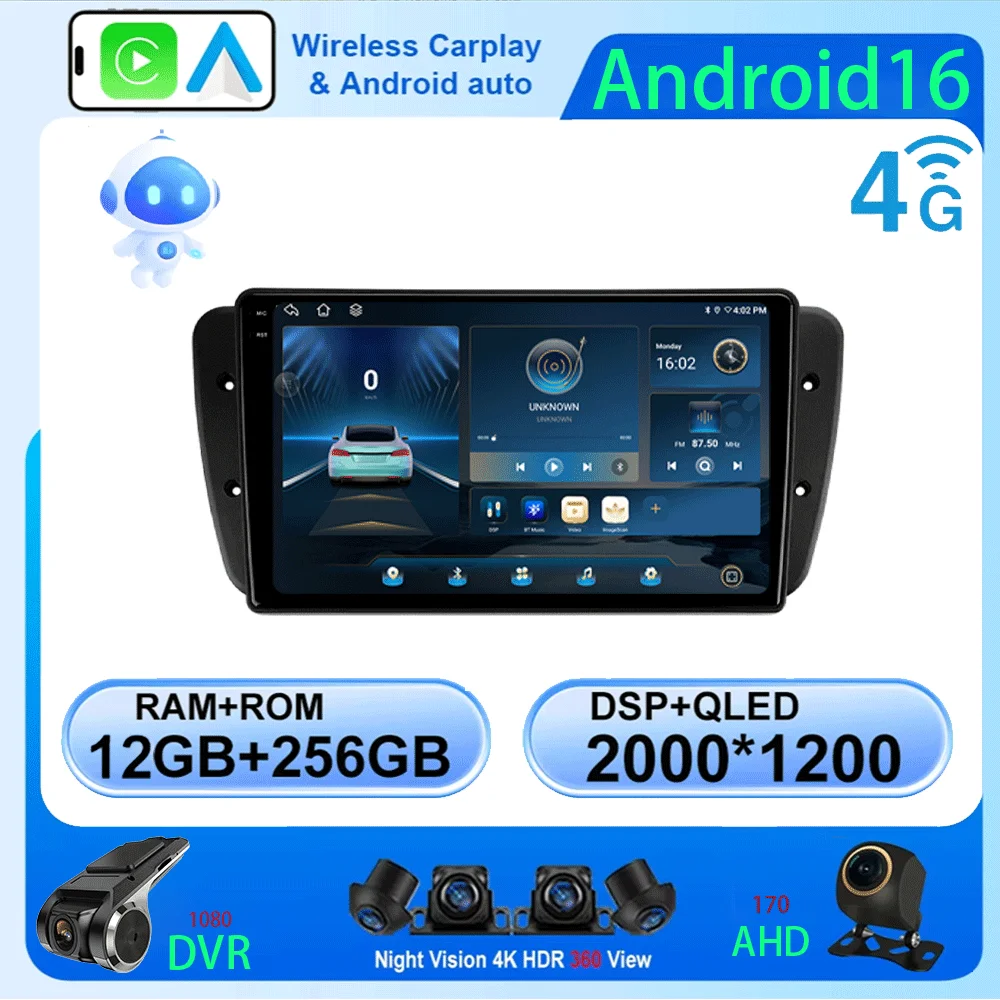 LJZN Android 16 Car Radio For Seat Ibiza MK4 6J SportCoupe Ecomotive Cupra 2009 - 2015 QLED Screen Multimedia Player 4G+WIFI GPS