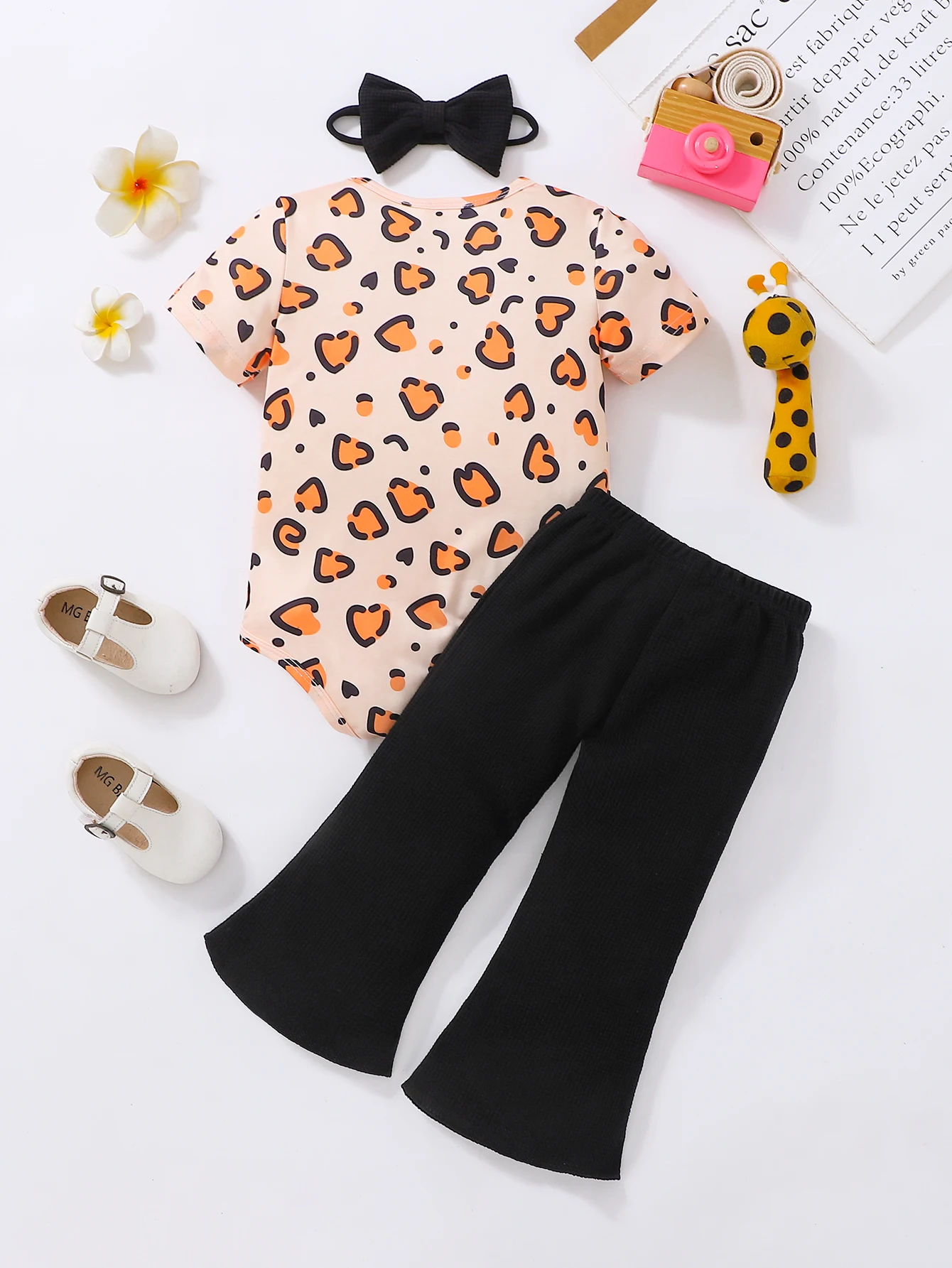 Summer Baby Girl Heart Leopard Print Romper Set with Short Sleeve Bottom Cover + Flared Pants + Hair Accessory Three-Piece Set