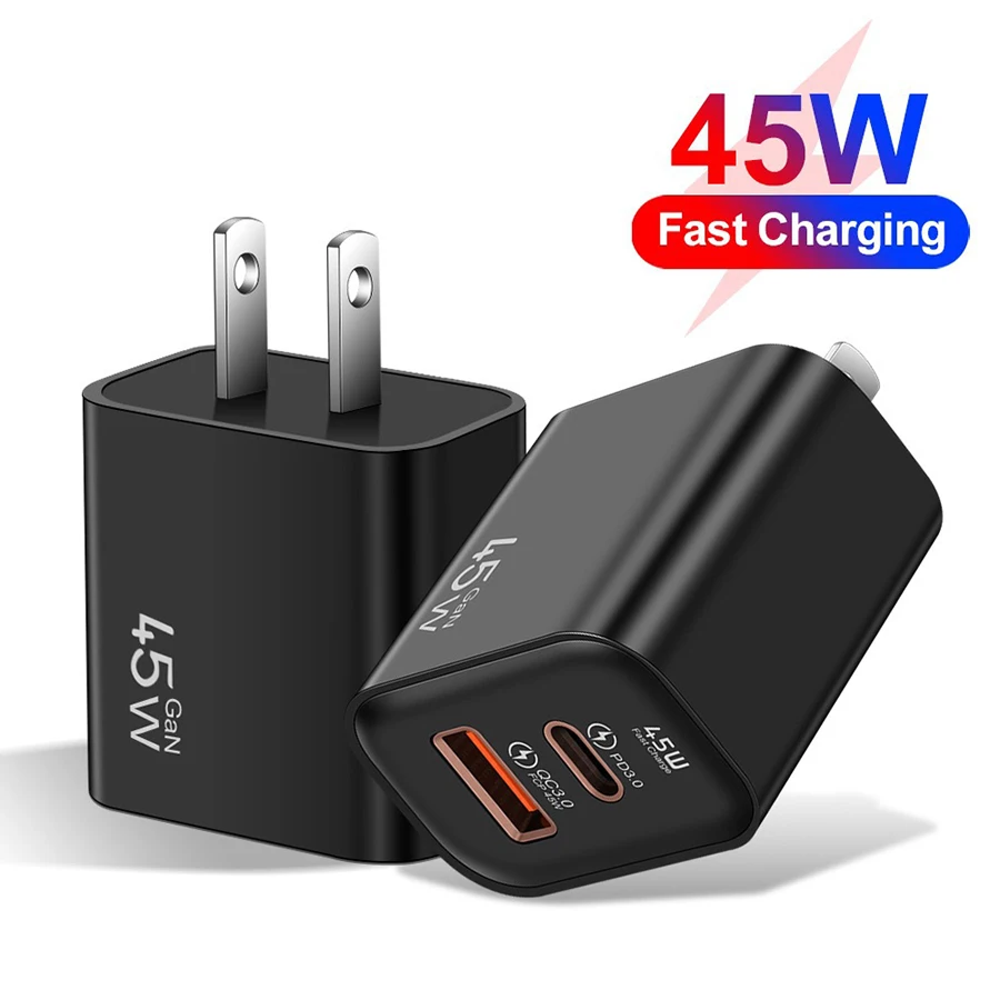 45W GaN Fast Charger Dual Port USB C PD3.0 QC3.0 Quick Charging Block Fireproof PC Wall Adapter For Smart Mobile Phones