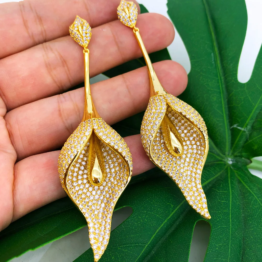 Missvikki Fashion Full CZ New HOT Bridal Jewelry Gift Luxury Long Lily Flower Dangle Earrings for Women Girl Party High Quality