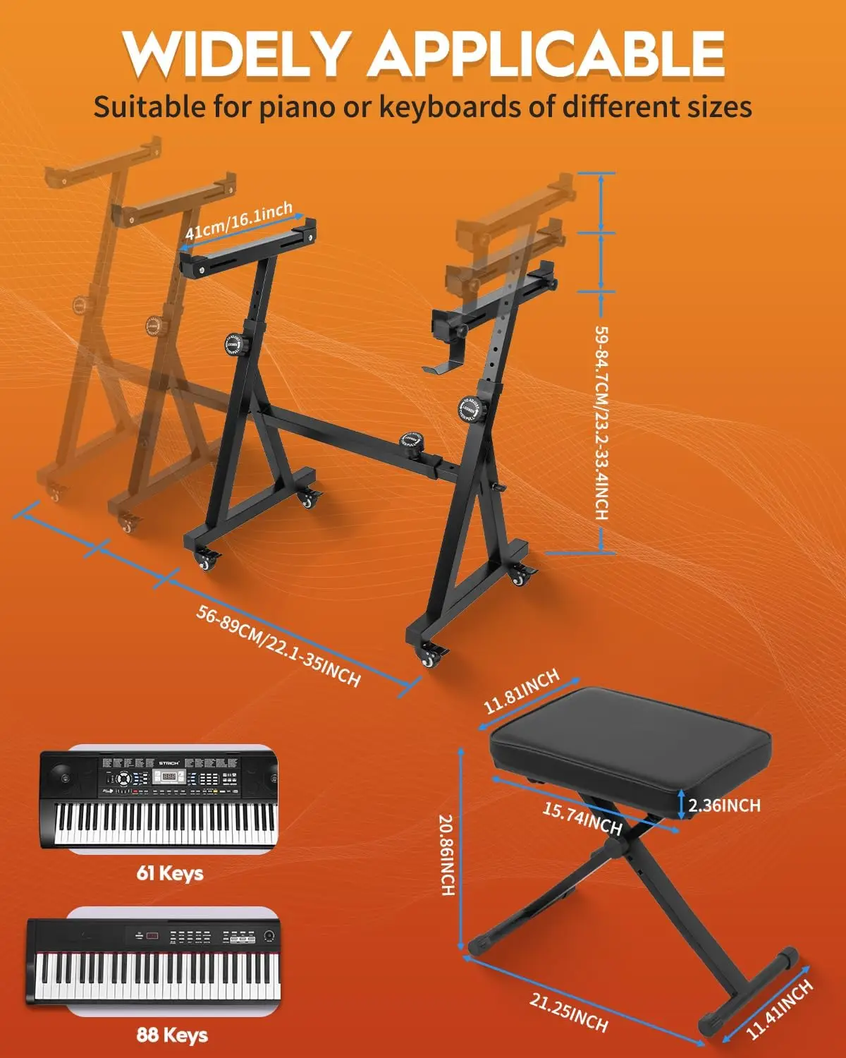 Z Style Portable Heavy Duty Digital Piano Stand And X Style Adjustable Piano Bench Set, Electronic Keyboard Chair Accessories For 54 To 88 Key Electric Pianos, Home Studio Music Practice, Black view 2