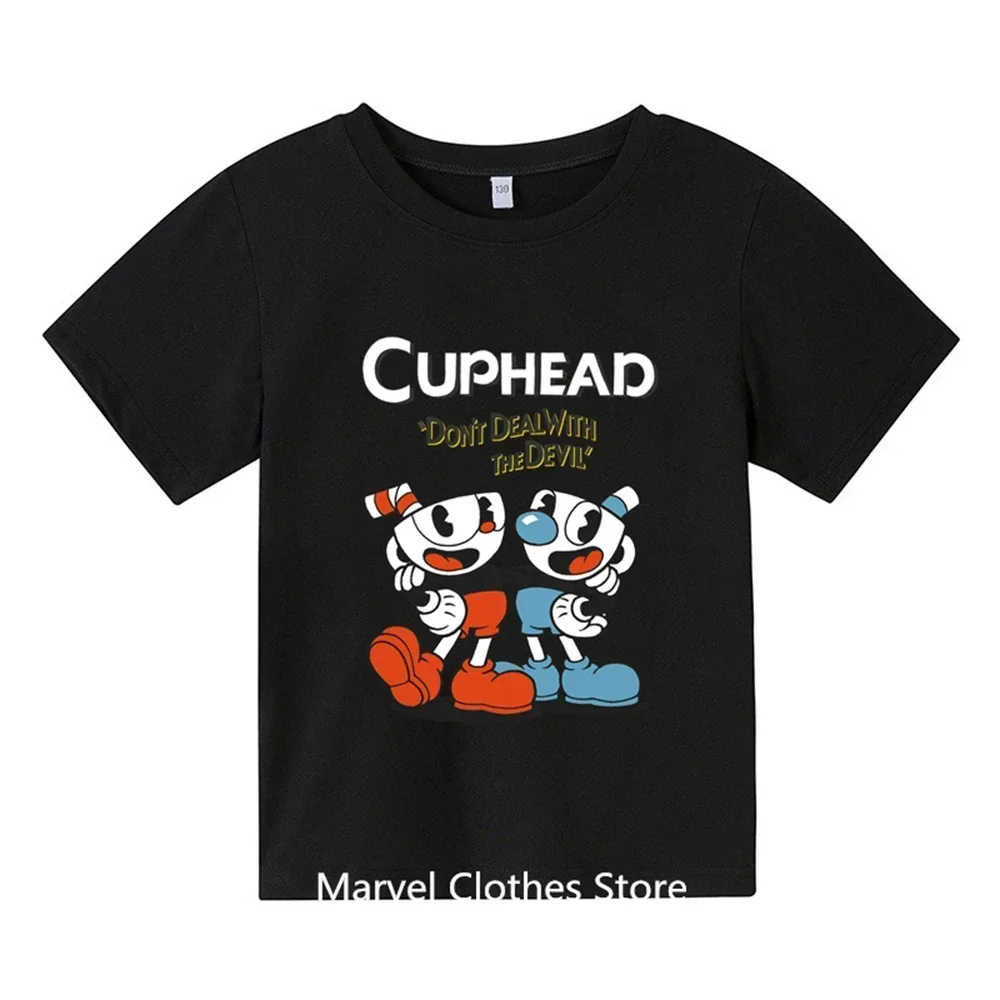 2024 Summer T-Shirts Game Cuphead Mugman Print Kids Tee Top Fashion Casual Cartoons Boys Girls Children's Clothing