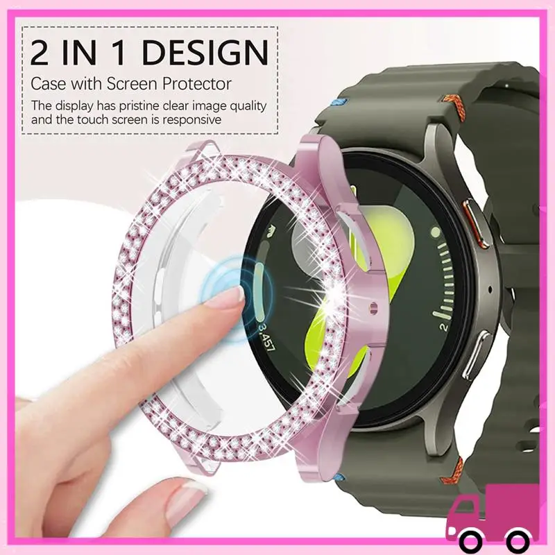 Compact For Samsung Galaxy Watch 7 Case Electroplating Single And Double Row Drill Hard 44Mm Protective Shell Pink