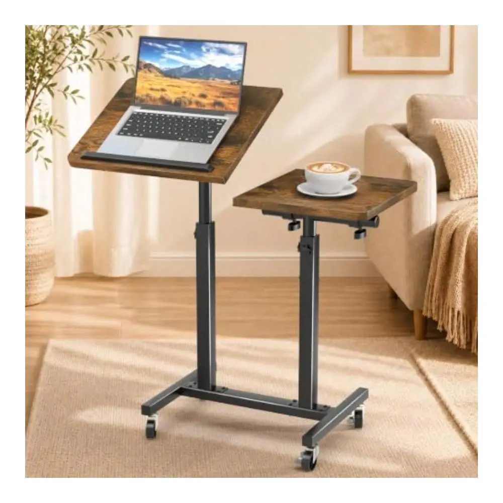 Laptop Desk With Wheels, DoublePole Portable Overbed Table Mobile Tilting Small Standing Desk, LargeSize Adjustable Height Comp