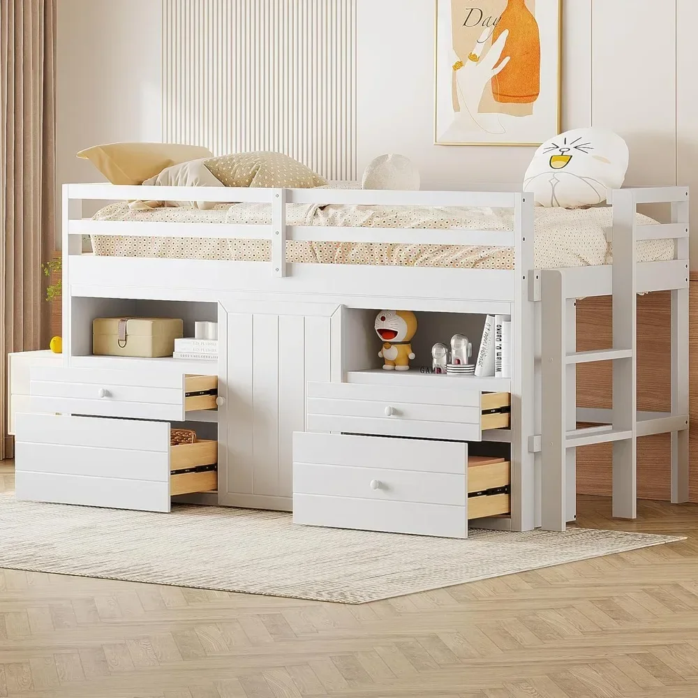 Low Loft Bed for Kids,Wood Twin Loft Bed with Storage Drawers,Underneath Cabinet and Shelves,Low Loft Bed Frame for Junior