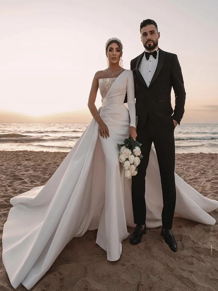 

Customized Mermaid With Long Sleeve Dubai Arabic Middle East Zipper Back Bridal Wedding Gowns Sequins Pearls Satin Cha