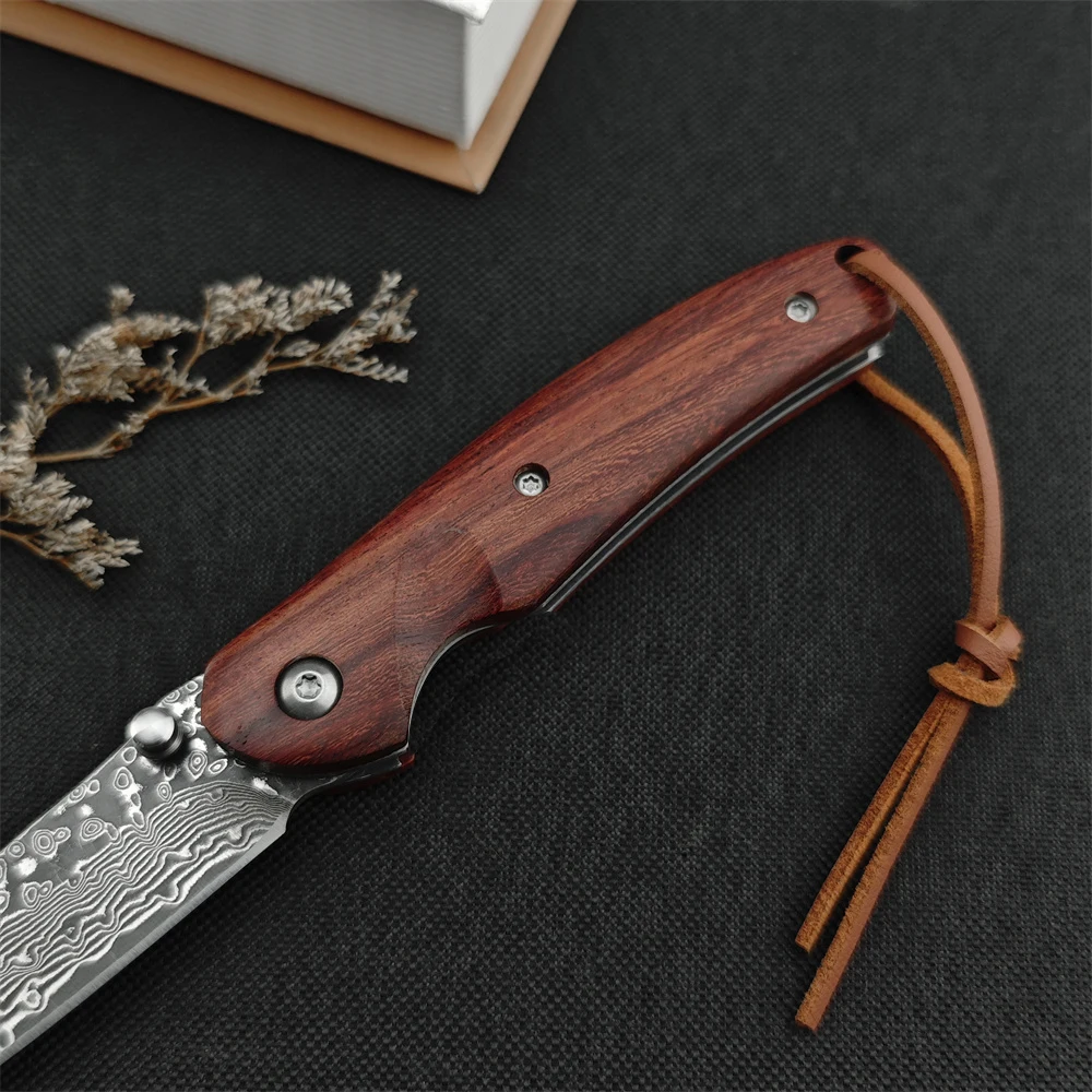 New Damascus Blade Outdoor Tactical Folding Knife Color Wood Handle EDC Men\'s Camping Hiking Hunting Survival Tool