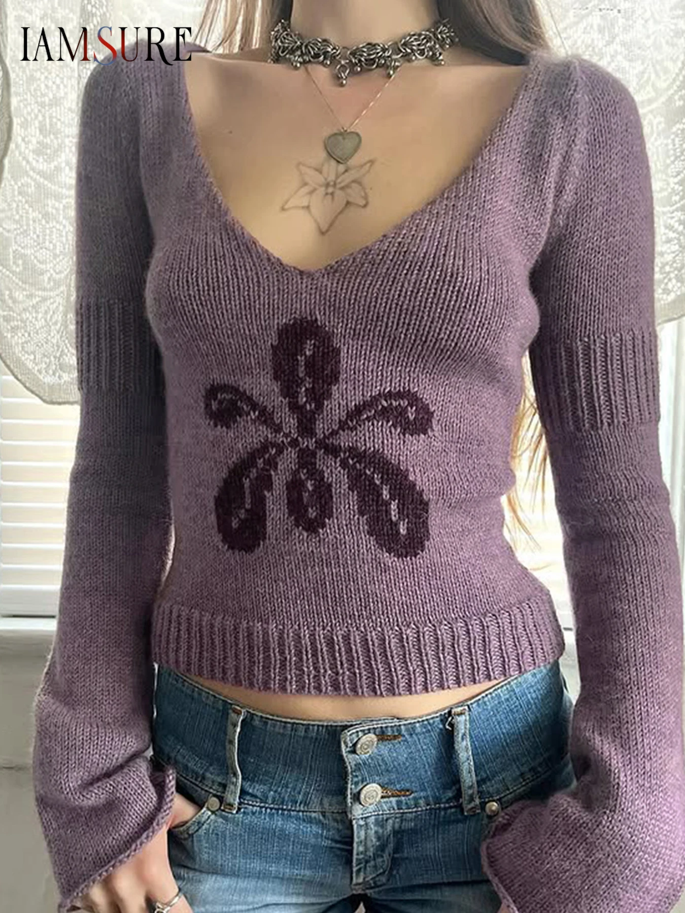 

IAMSURE Casual Floral Knitted Sweaters Slim Deep V-Neck Long Sleeve Pullovers Women 2025 Autumn Winter Fashion Streetwear Ladies