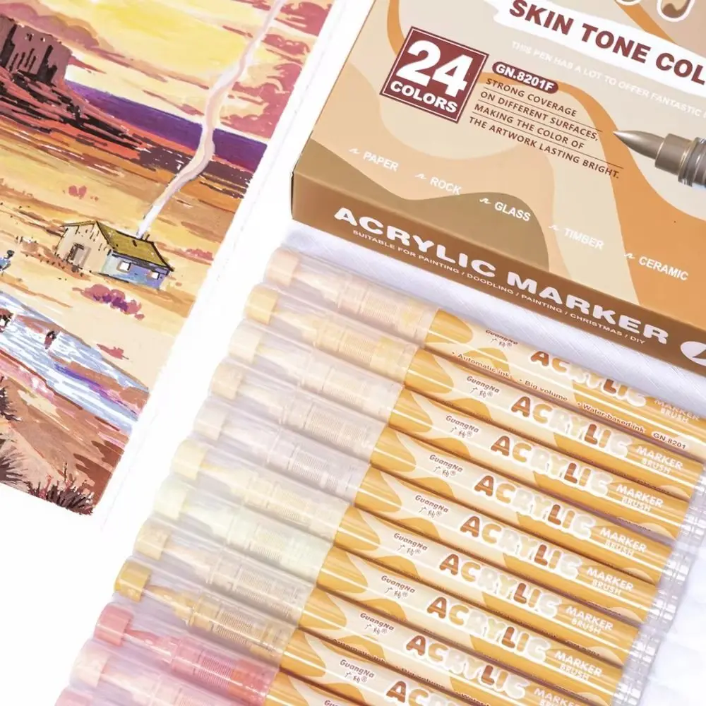 Canetas de tinta acrílica 24 cores, 24 cores, tom de pele, cor macaroon, marcador acrílico, ponta de pincel, caneta aquarela líquida reta