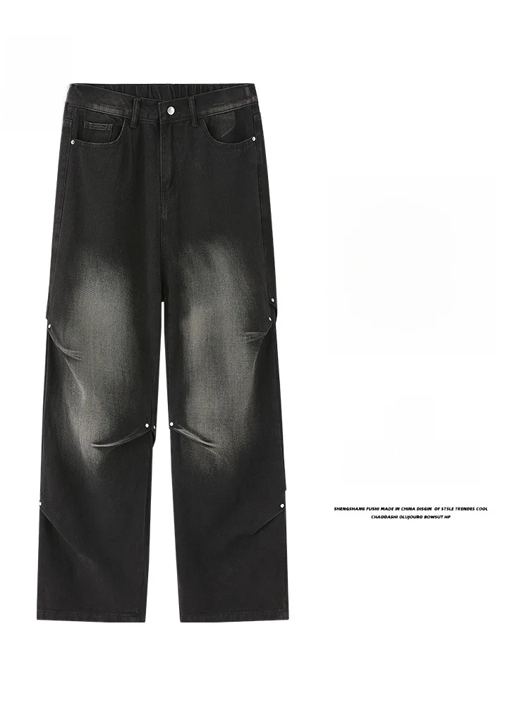 

Rampo American Waed Straight Leg Jeans Men's Vintage Loose Faionable Wide Leg Long Pants Youthful Trendy Cotton Polyester