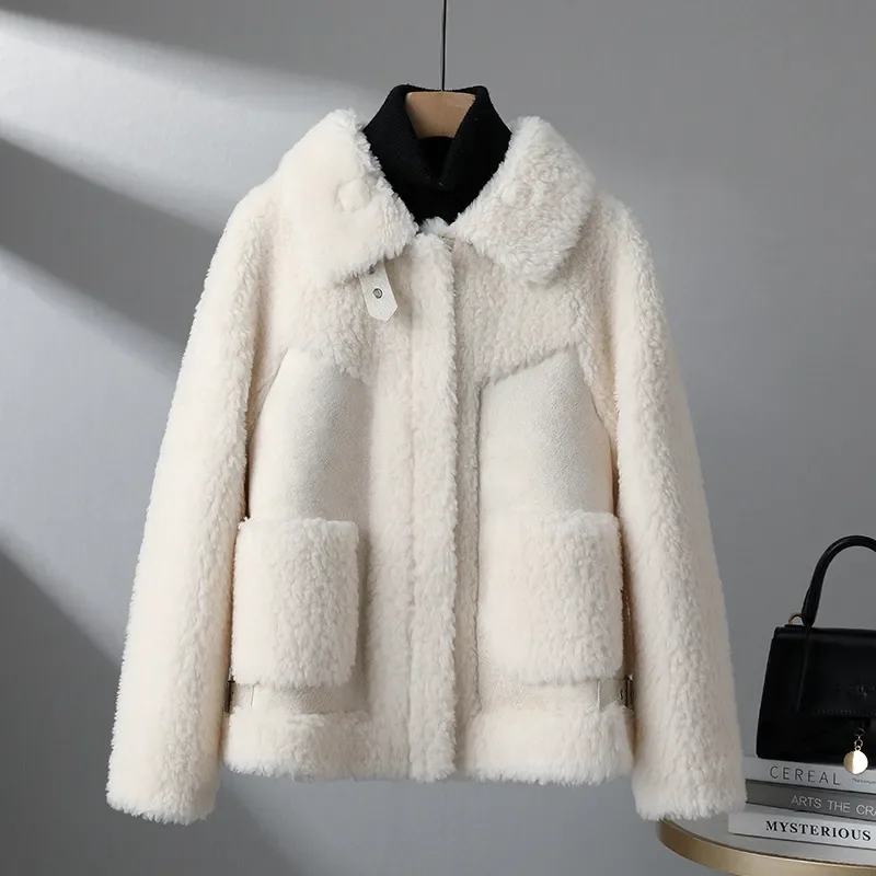 Winter Short Lambswool Coat Women 2023 New Fashion Granular Shearling Jacket Turndown Collar Pocket Zipper Outerwear Female