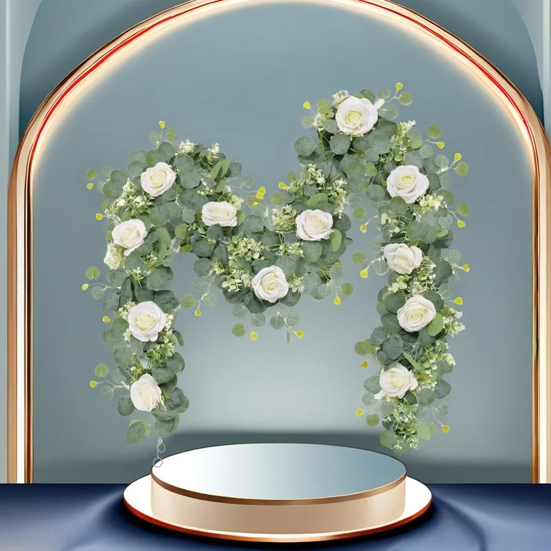 

Bulk Wedding Backdrop Decor 6-Stem Artificial Rose Vine with Eucalyptus Pistachio Greenery 180cm INS-Style Vine Chain Fireproof
