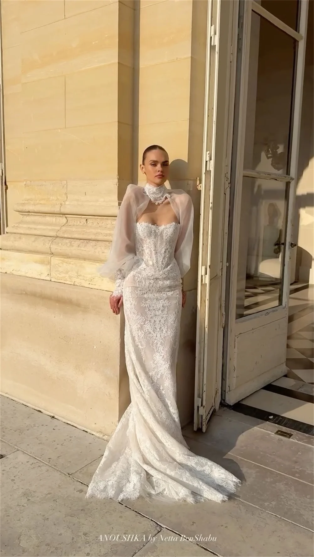 Tokyo High Neck Shrug Lace Corset Wedding Dress Puff Sleeve Bridal Gown Mermaid Sheer Prom Evening Church Ceremony Formal Attire