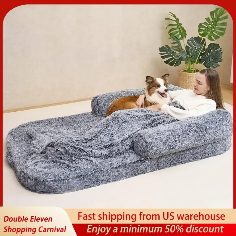 Pet Bed for Dog House Indoor 72”x44“x12” Memory Foam Human Sized Dog Bed Fur Cap Mattresses Grey Canopy Canopy Mats Puppy Stairs