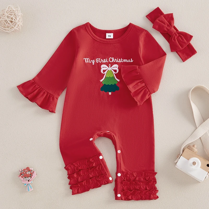 Baby Girl 2Pcs Christmas Outfits Long Sleeve Tree Embroidery Ruffle Jumpsuit with Headband Set Newborn Clothes