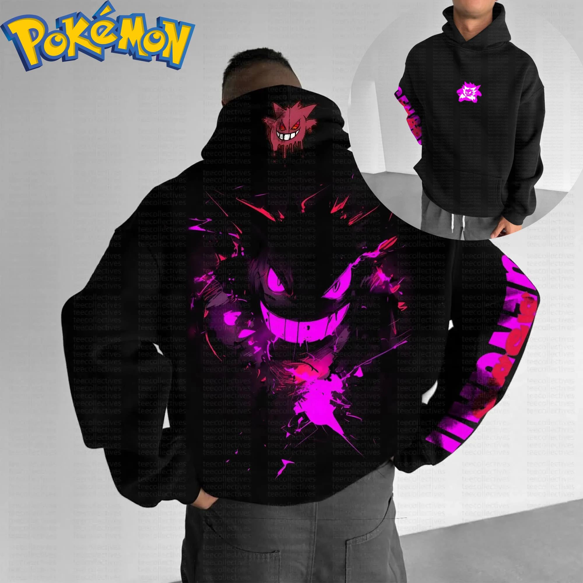 

Pokemon Anime Gengar Cotton Hoodie Harajuku Pants Set Black Character Print with Pink Purple Ghost Pattern Two Piece Outfit