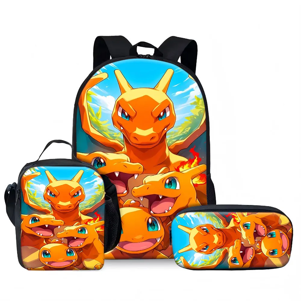 Kids Bag Charizard 3pcs Backpack Set Classic Anime Style School Bags for Children Lightweight Travel Luggage with Lunch Box P