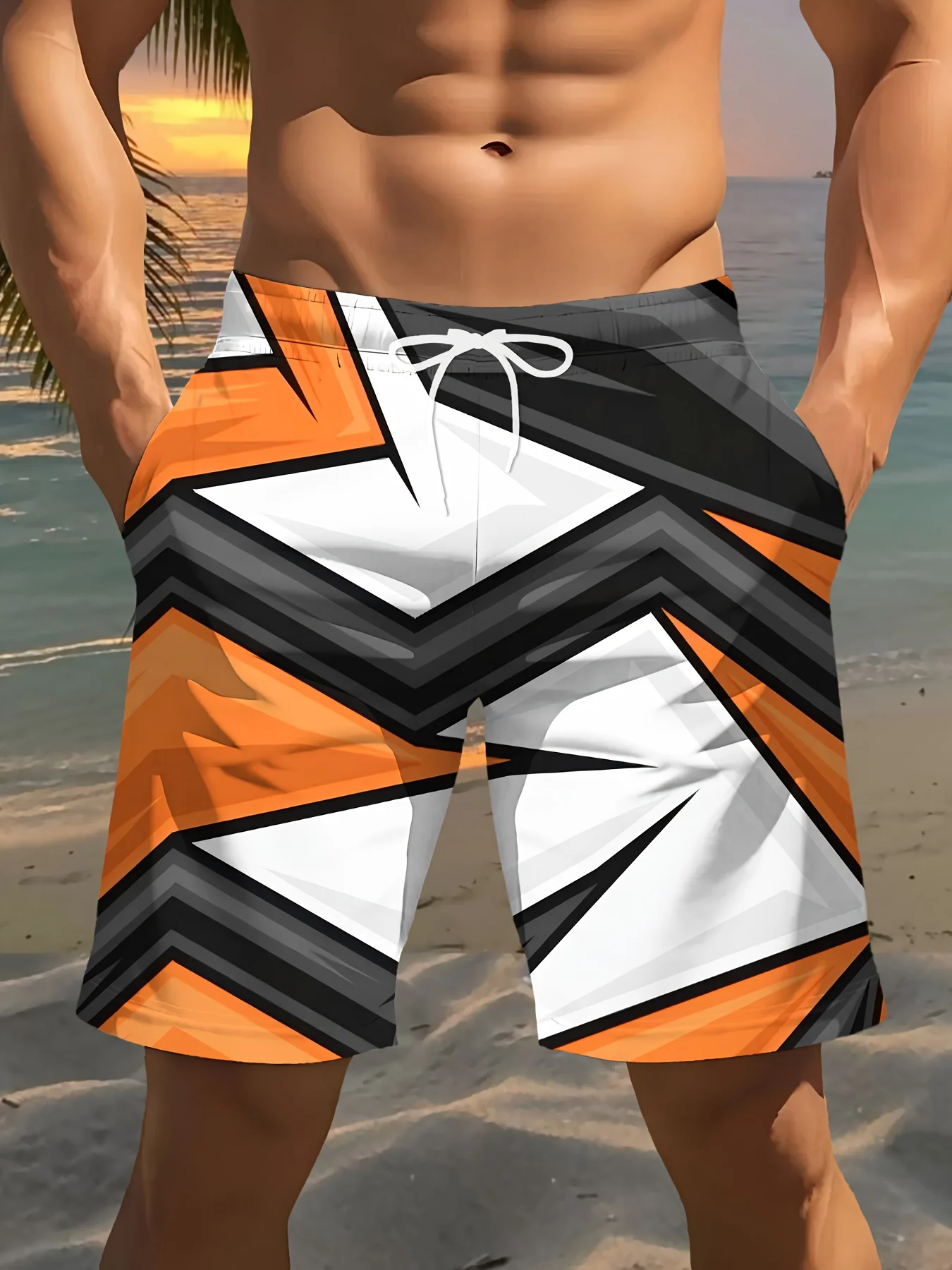 

Men's Orange Black White Geometric Stripe Print Beach Shorts Drawstring Waist Quick Dry Casual Swim Trunks 2026