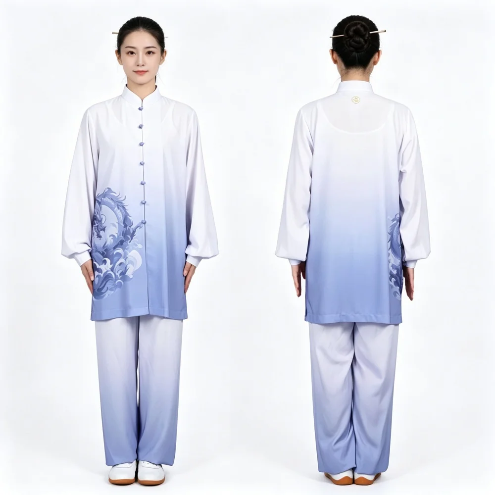 Tai Chi Uniform For Women Chinese Traditional Wushu Suit Print Gradient Long Top And Pants Set For Martial Arts Performance