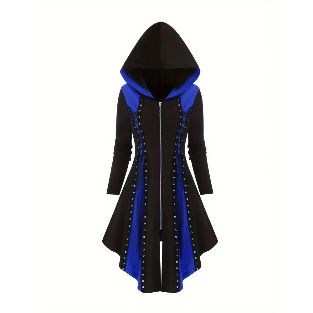 2025 New Gothic Hooded Dresses Vintage Long Sleeve Lace-Up Zipper Patchwork Party Dress Halloween Costume Fancy Dress