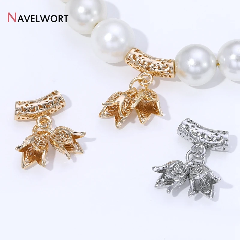 14K Gold Plated Brass Metal Curved Spacer Beads Hollow Tube Beads With Flower Beads Separator DIY Jewelry Making Accessories
