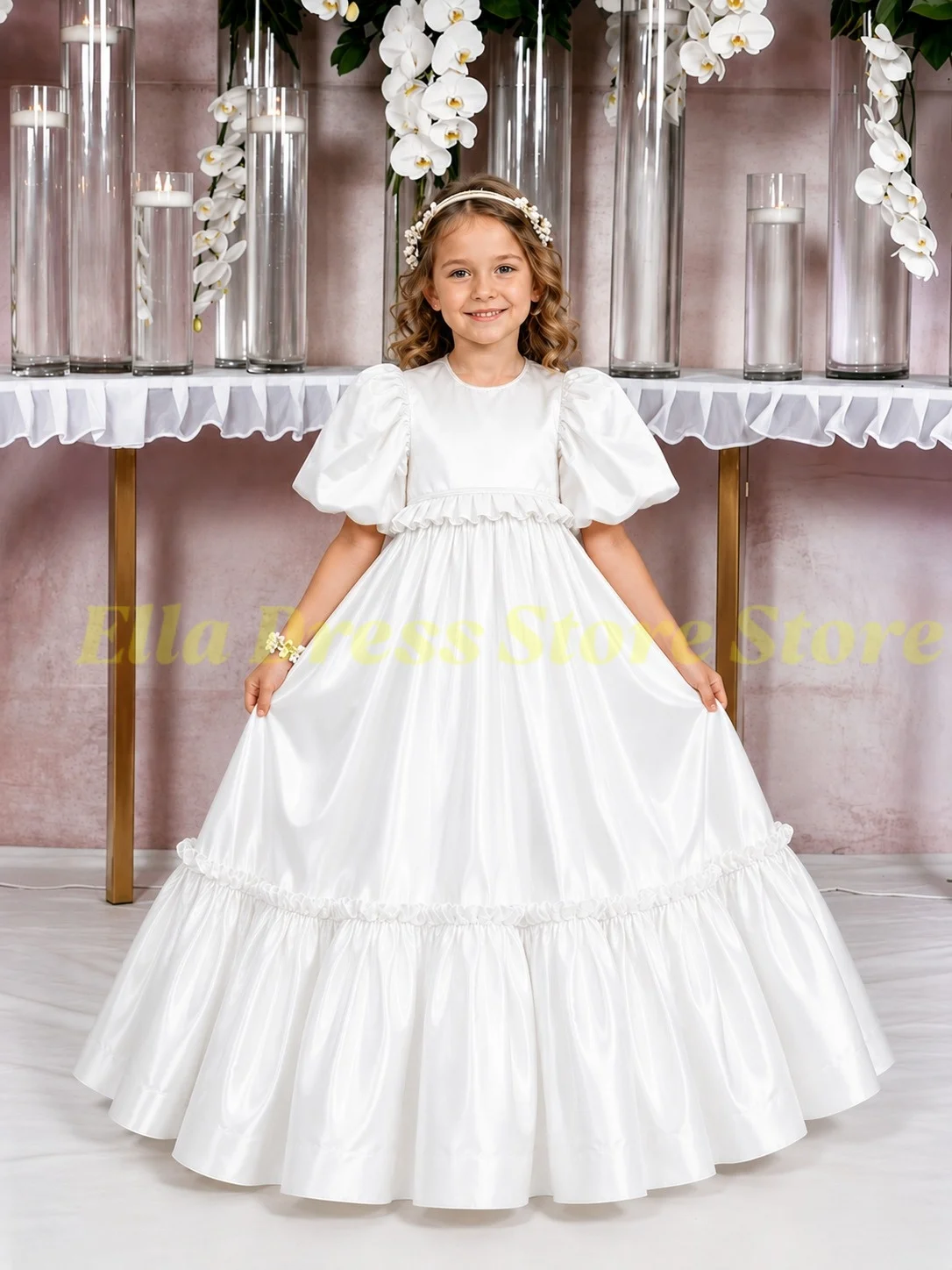 Maßgeschneiderte Großhandels-Satin-Kleider für die Erstkommunion, Ballkleider, Blumenmädchenkleider für Hochzeiten, Hochgeschnittene Mädchen-Geburtstagskleider – Detail 5