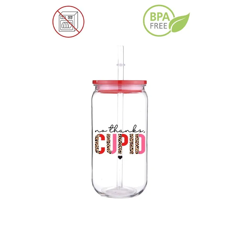 Happy Valentine Printed Transfer BPA Free Plastic Straw Cup Comes With Sreaw And Cup Lid Can Coffee 16 OZ Kisses