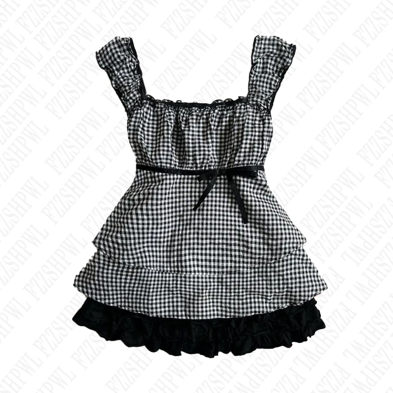 Gothic Punk Hip Hop Harajuku Fairycore Y2K Womens Dress Casual Slim Chic Layered Design Plaid Dress Retro Bow Aesthetics Clothes