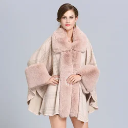 5 Colors Autumn Big Pendulum Knitwear Women Cardigan Coat Winter Warm Faux Fur Collar Long Plaid Knitted Loose Poncho Cloak