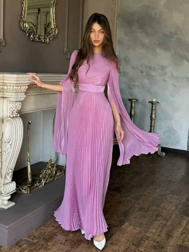 

Sexy O Neck Flare Long Sleeve Maxi Dress Women Elegant with Belt Lace-up Bodycon Celebrity Runway Evening Party Dress Gowns