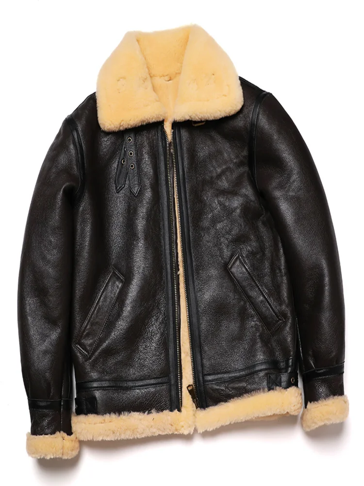 New Brown Shearling Wool Original Ecological Fur Leather Jacket Thick Sheep Clothing Male Warm Genuine Sheepskin Flight Coats